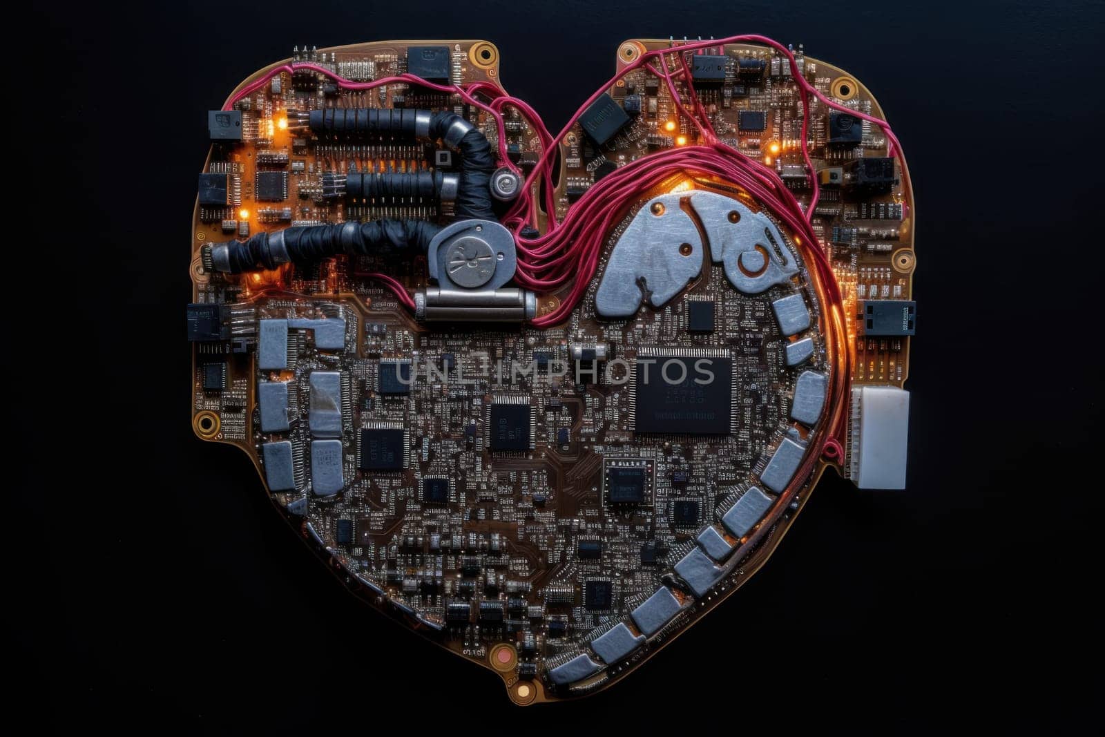 Heart of chips and circuits. Cyberpunk heart. Generate Ai