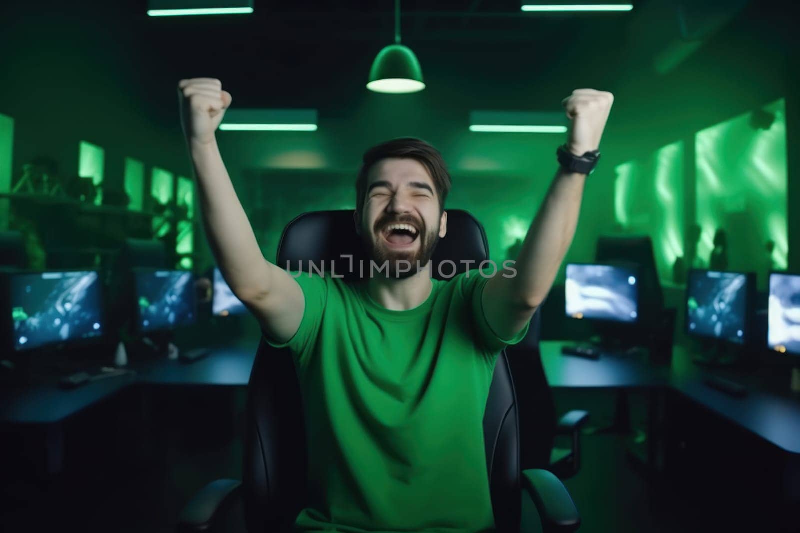 Happy gamer at tournament. Cyber victory. Fictional person. Generate Ai