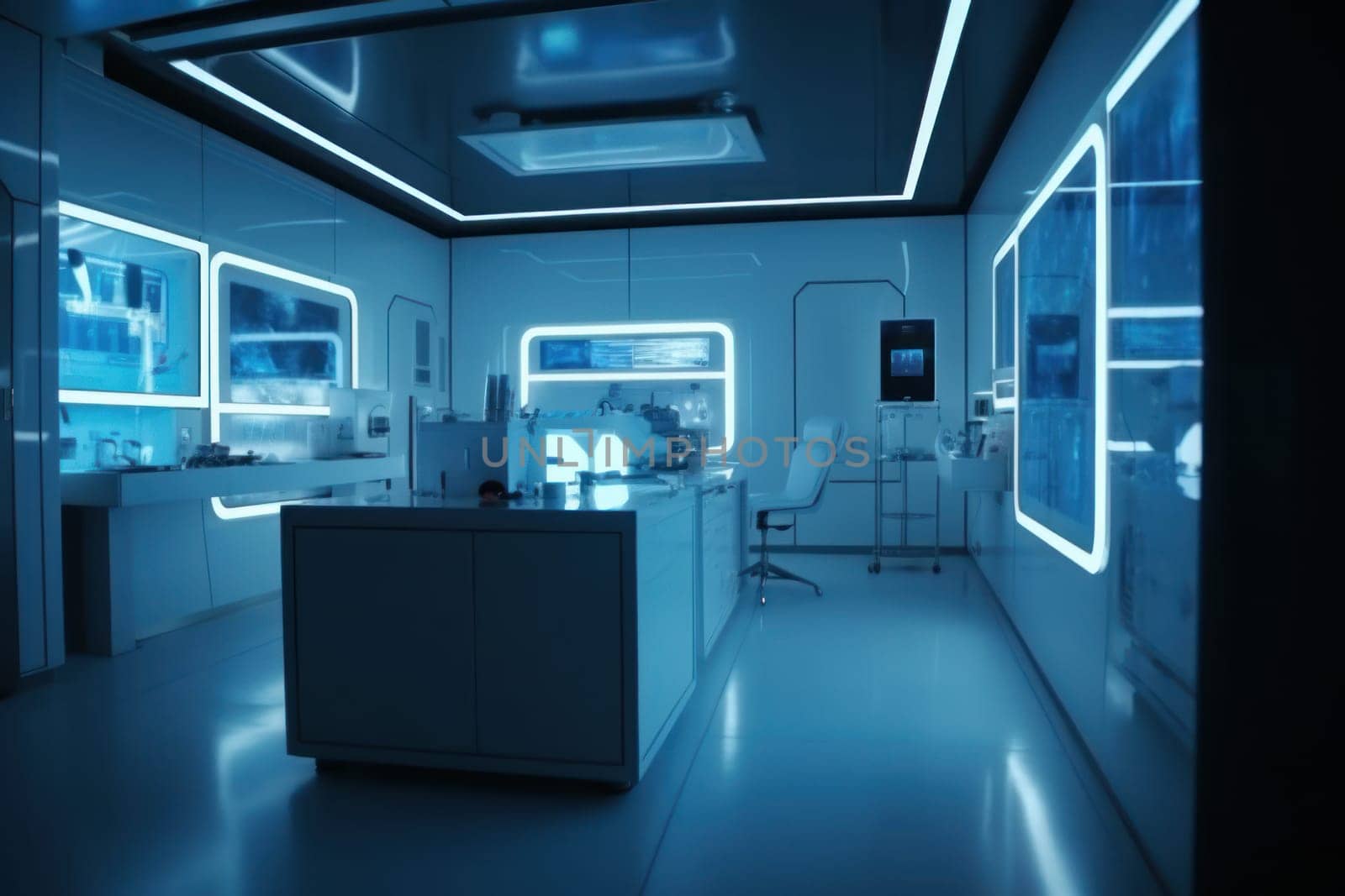 Futuristic lab in light. Science future. Generate Ai