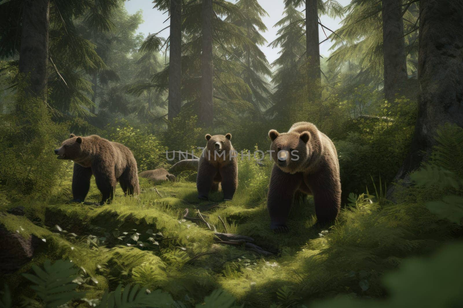 Group of bears in sunny forest. Wild nature. Generate Ai