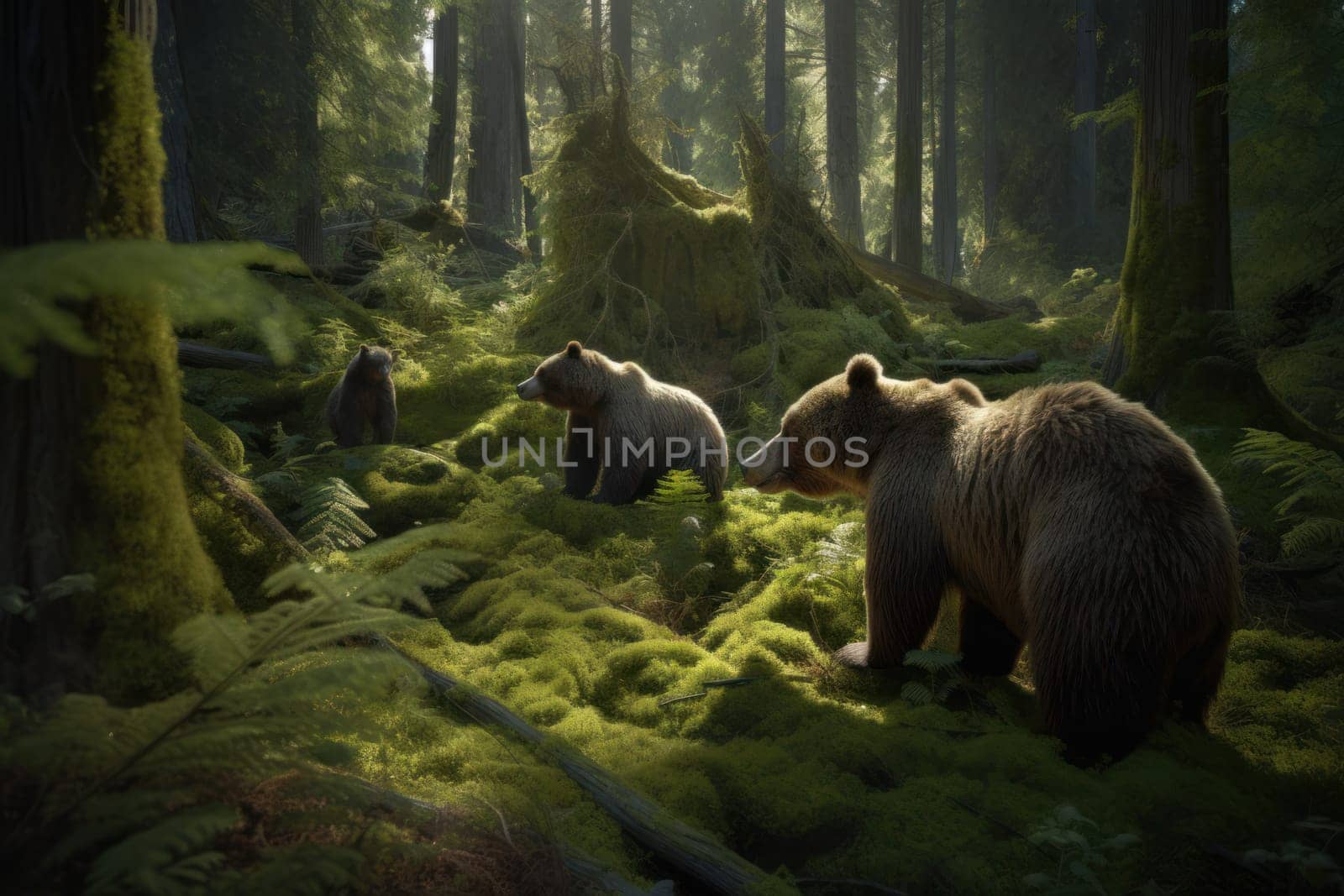 Group of bear search food in forest. Forest wood. Generate Ai