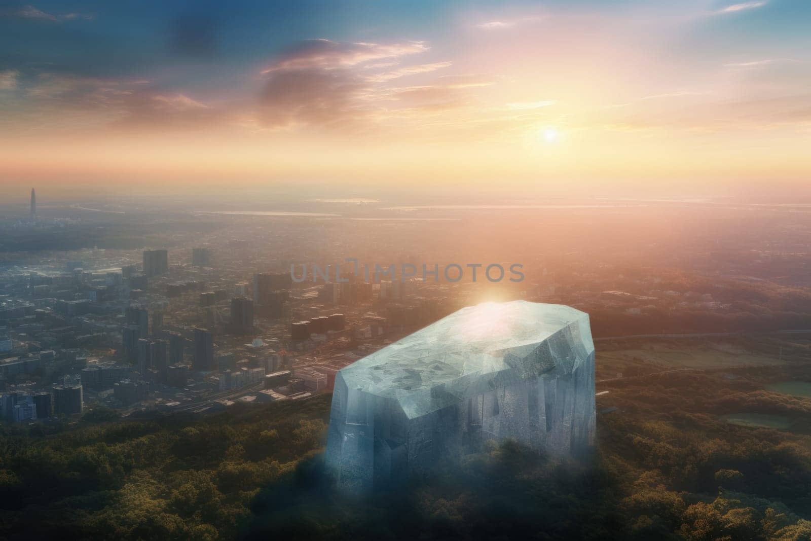 Big crystal near city. Magic frozen sky. Generate Ai