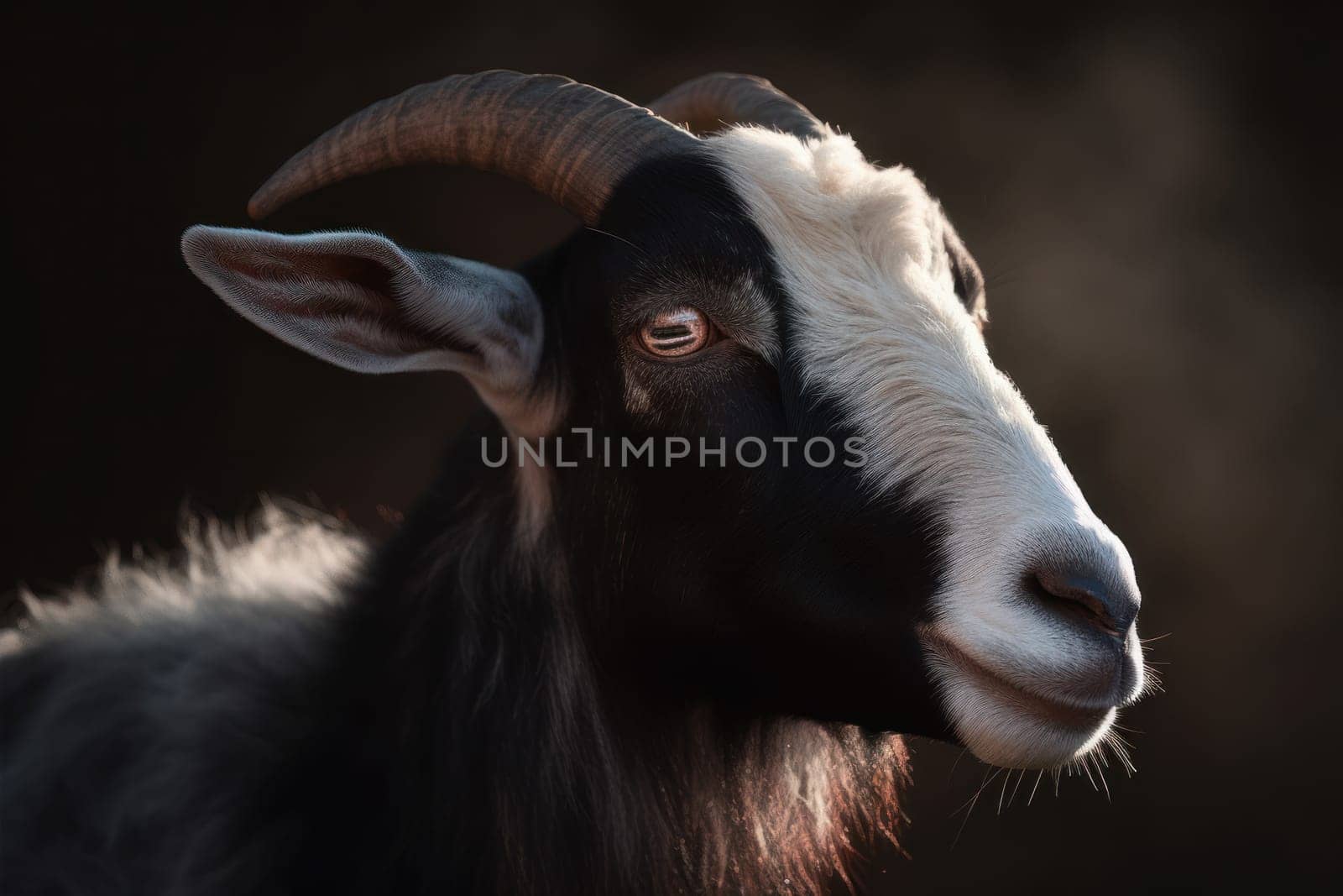 Portret of male goat. Horn male mammal. Generate Ai