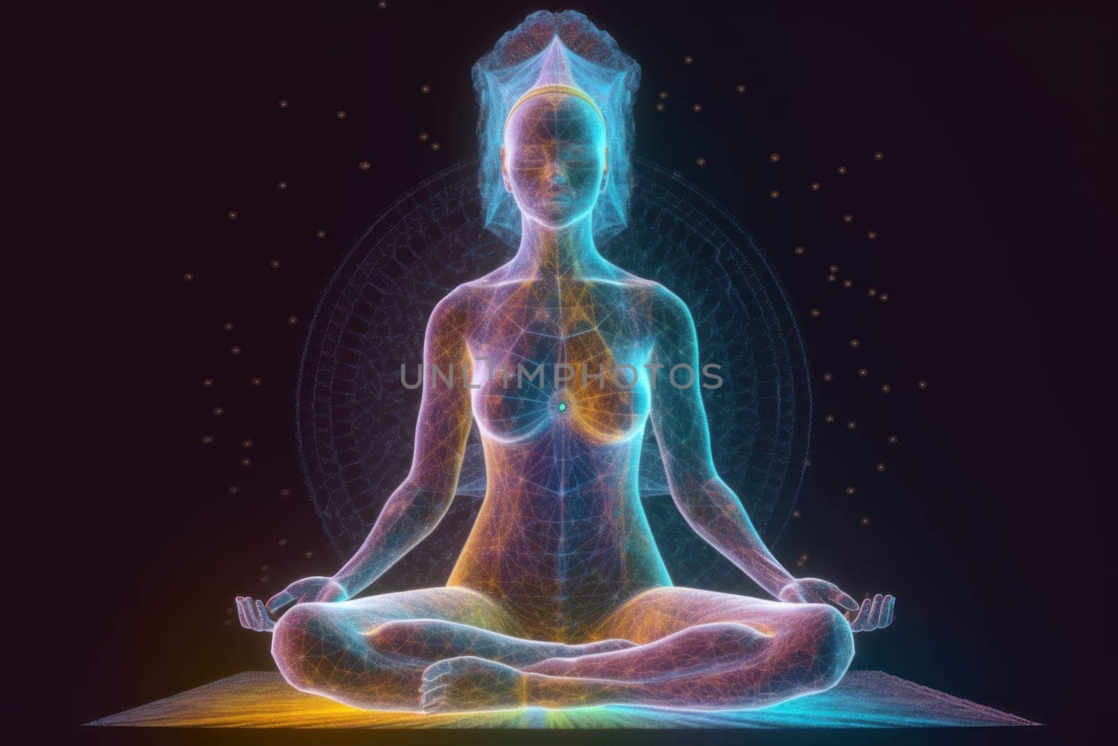 Power woman meditation. Universe space. Generate Ai
