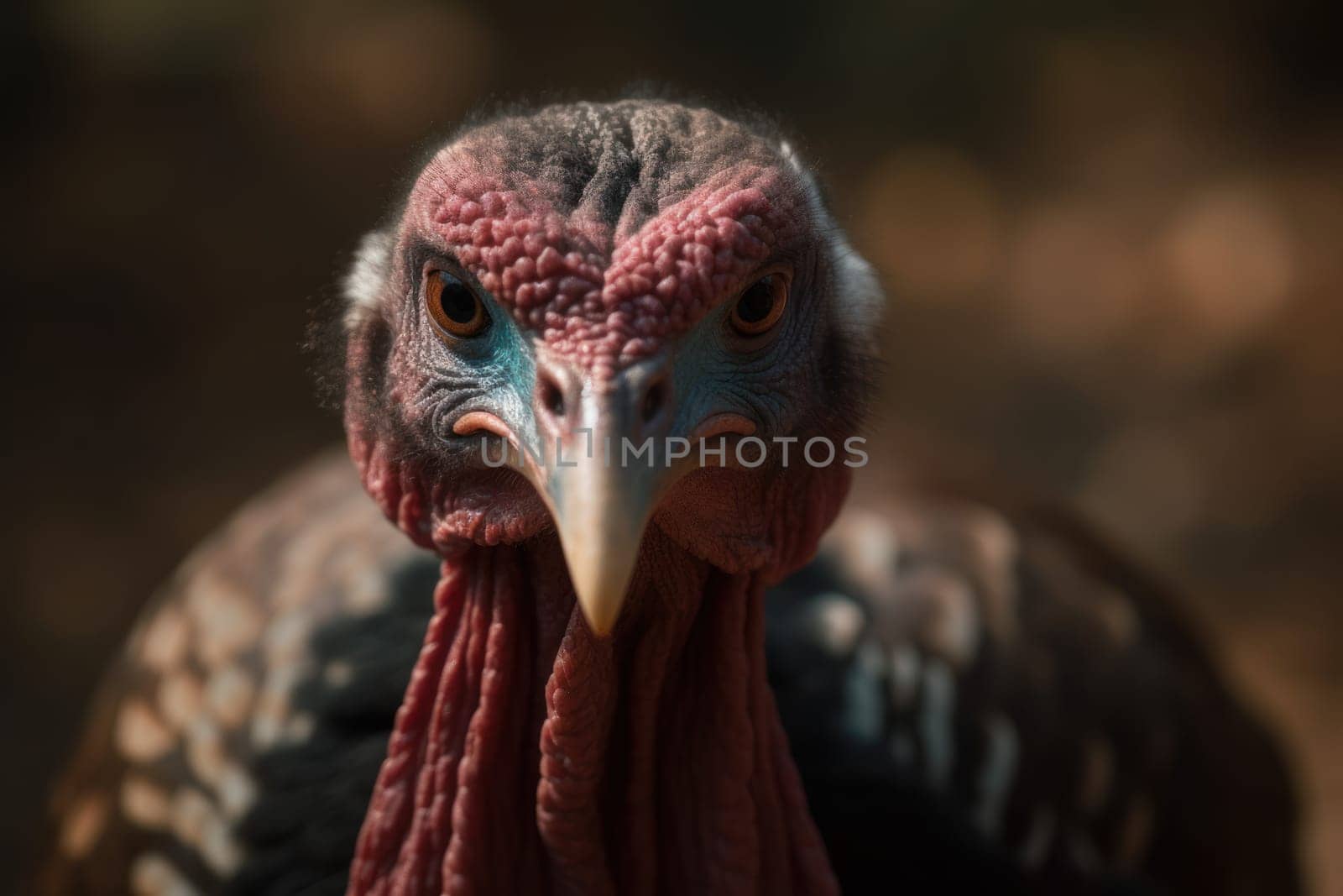 Angry turkey bird at farm. Wild head. Generate Ai