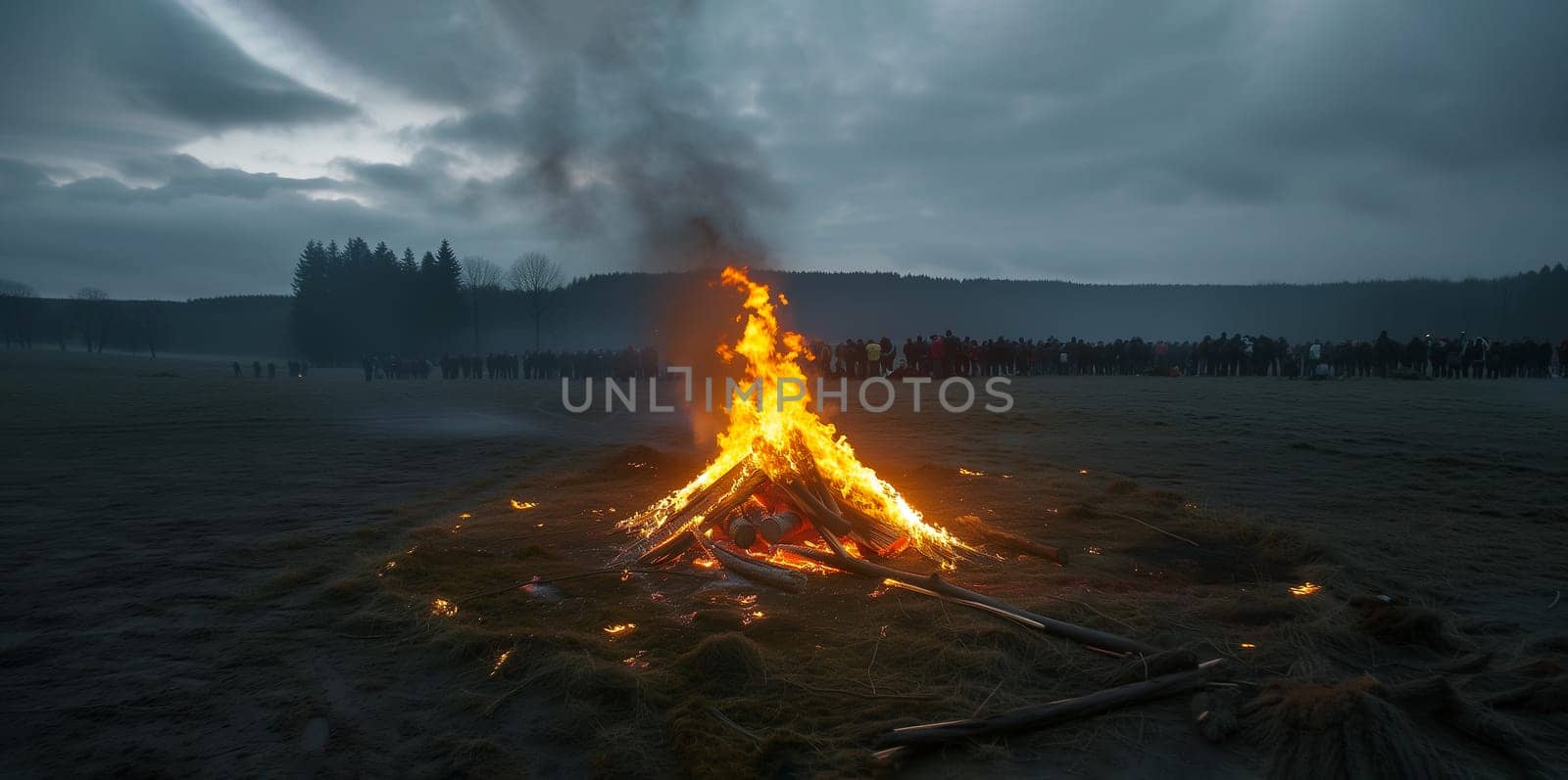 Humanitarian Crises. Left Fire by Group of Immigrants on Background at Night. Darkness, Forest and Human Silhouette of Refugee. Horizontal Plane. AI Generated. Space For Text. by netatsi