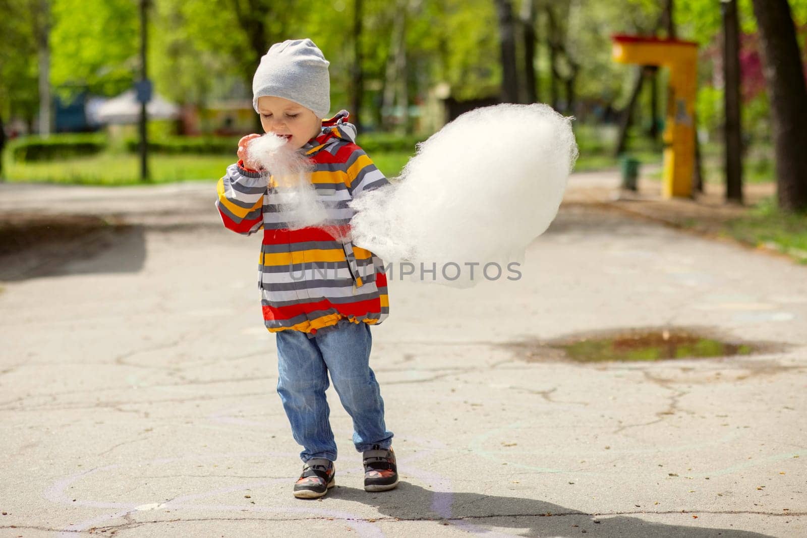 Child boy in an amusement park eats cotton candy. Preschool child eats candy floss with pleasure during the holidays