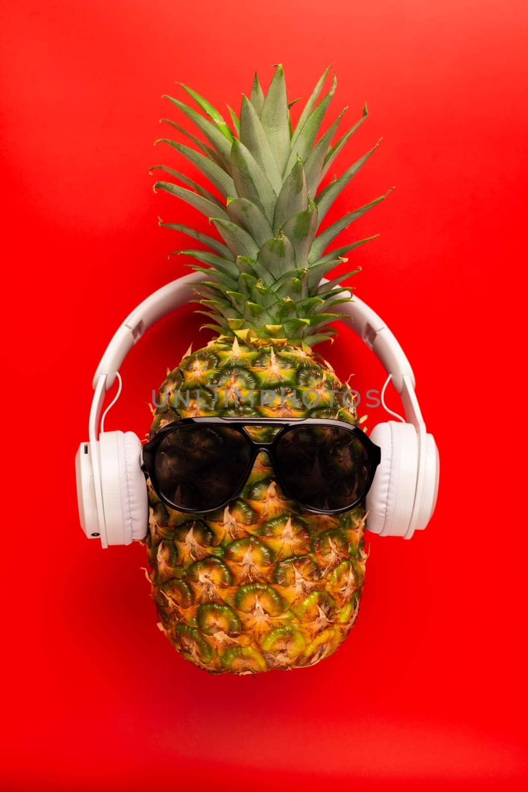 Ripe pineapple with sunglasses and headphones on red background by andreyz