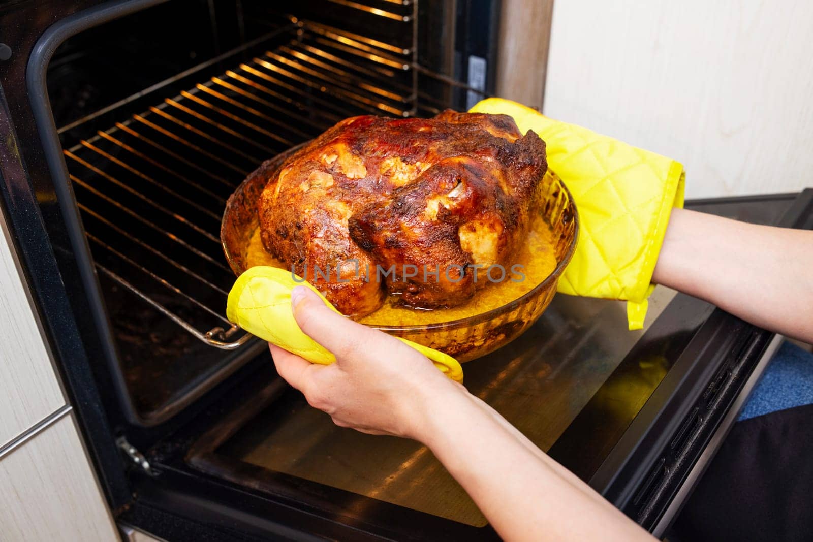 Woman hands taking out roasted chicken out of the oven. Cooking at home, roasting meat in oven
