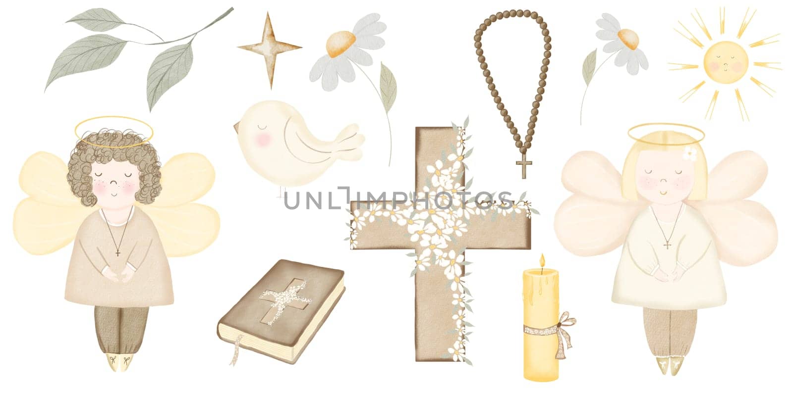 Baby baptism watercolor big set. Illustrations on isolated white background. Angels boy and girl, bible book, cross and candle. Botany elements branch, chamomile flower and bird. Candle with fire and rosary with a cross. Cute clipart for design of christening and birth cards and banners. High quality photo