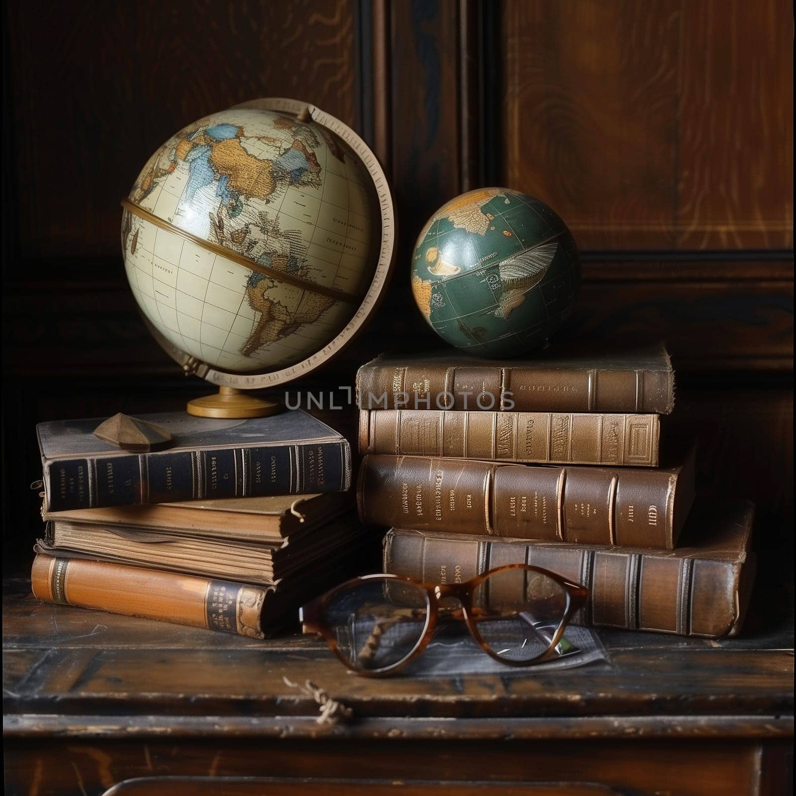 A still life of books, glasses and a globe for education. High quality illustration