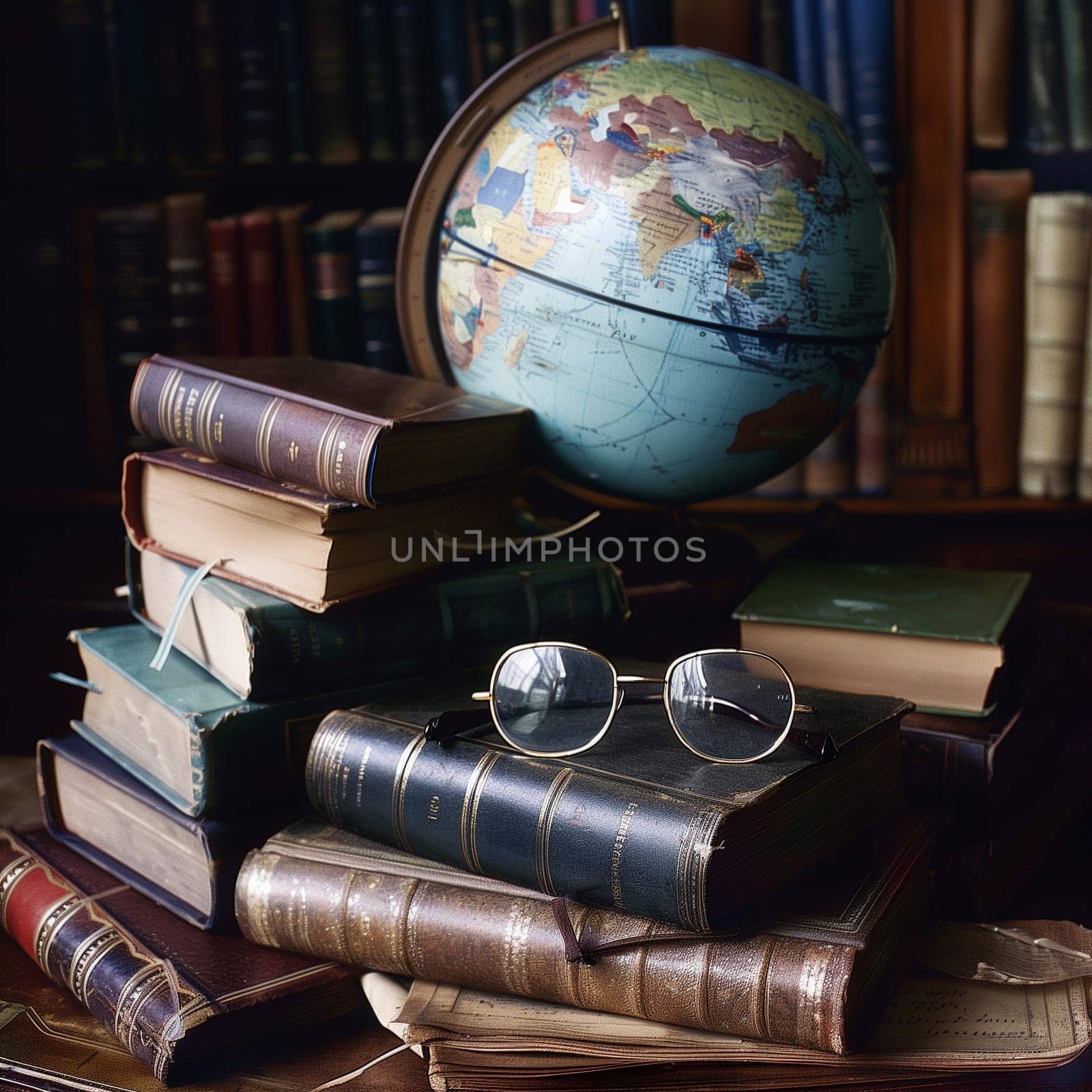 A still life of books, glasses and a globe for education by NeuroSky