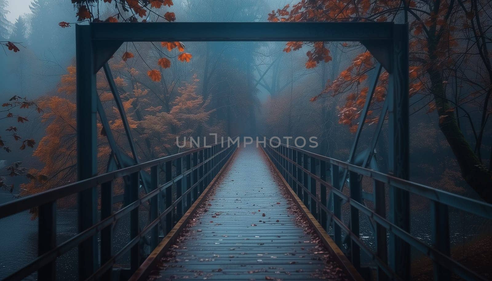 Bridge in a cloudy gloomy forest. High quality illustration