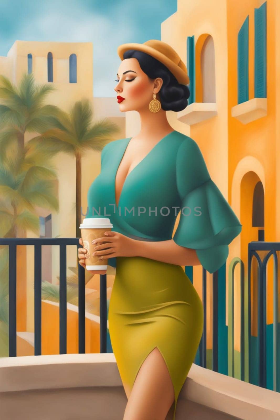 iilustration of voluptous female model having latte macchiato relax outdoors poolside in villagenerative ai art