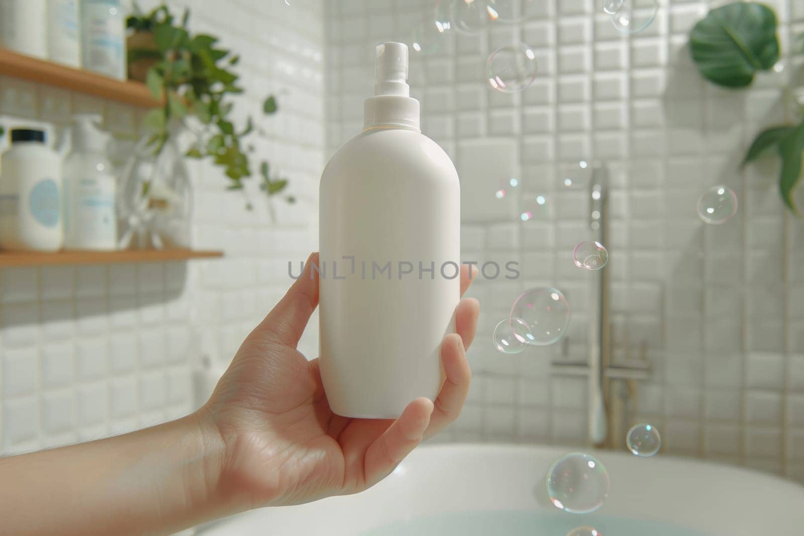 woman's hand hold a white bottle of shampoo in bathroom, Mock up, Copy space for your design.