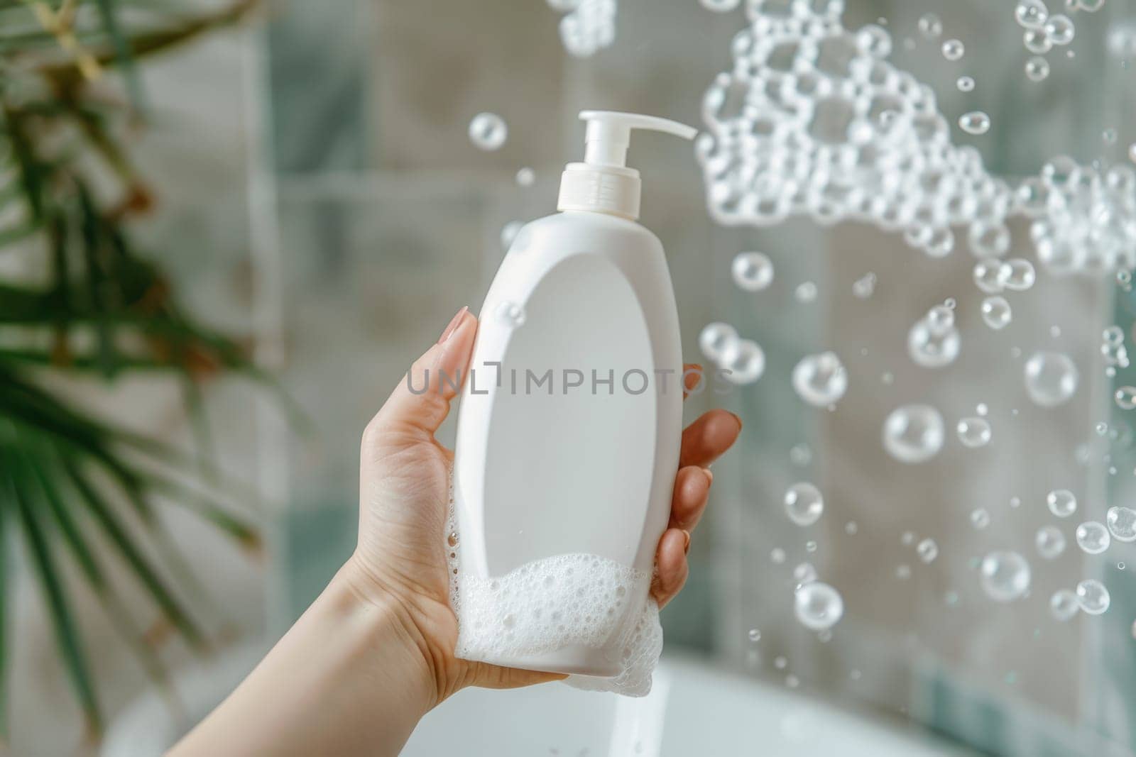 woman's hand hold a white bottle of shampoo in bathroom, Mock up, Copy space for your design.