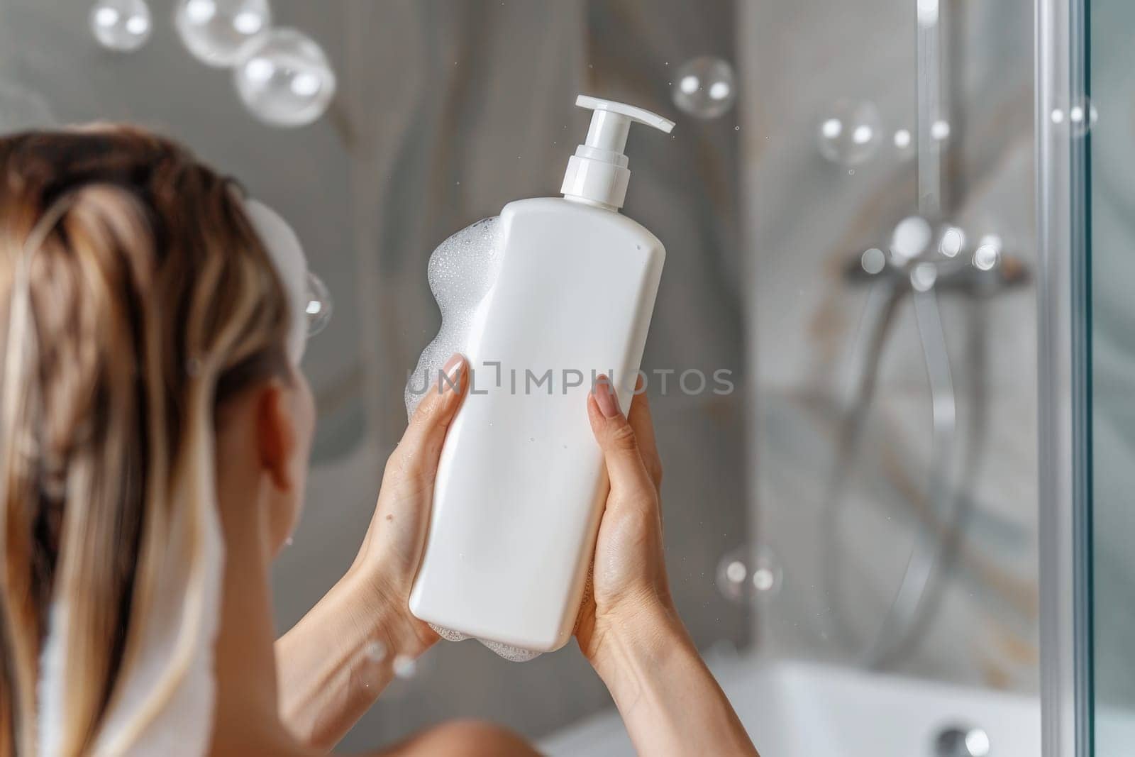 woman's hand hold a white bottle of shampoo in bathroom, Mock up, Copy space for your design by nijieimu