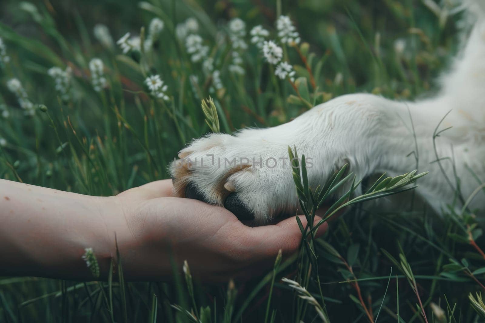 Dog paw in human hands with nature background, Shake a Paw, Take care of animals.
