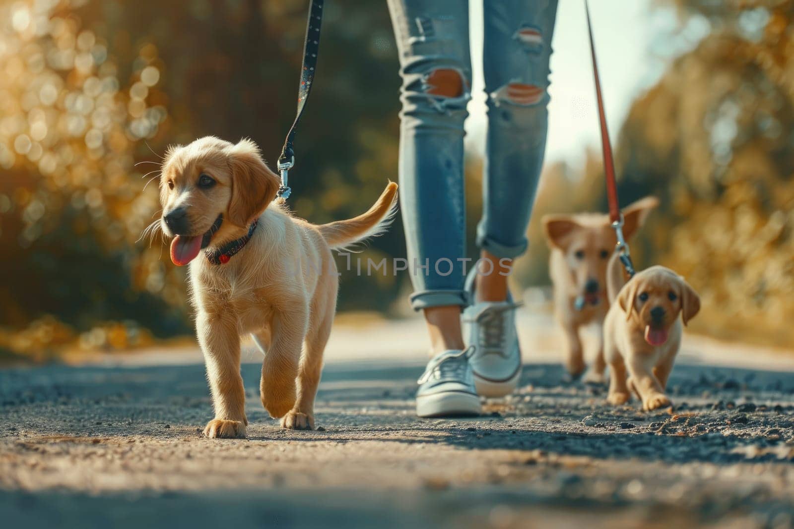 Professional dog walker, Walking dogs on a leash through the park, Canine Companions.