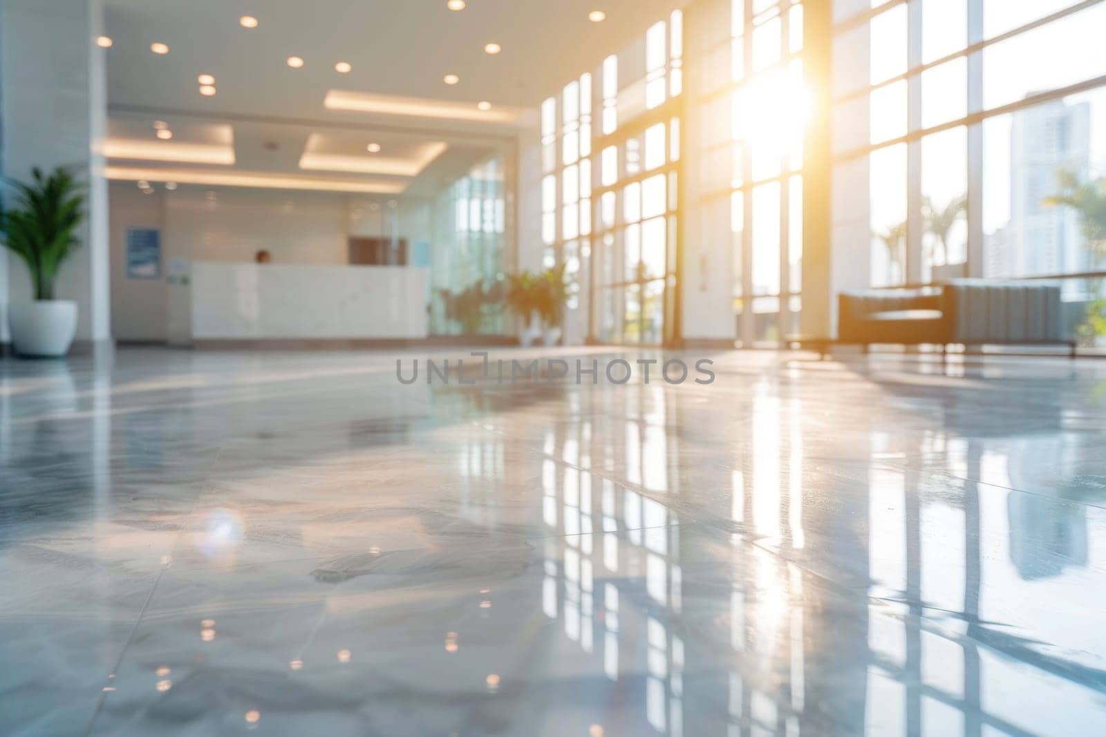 Blur interior inside modern office building, natural rim light. Generative AI by golfmerrymaker