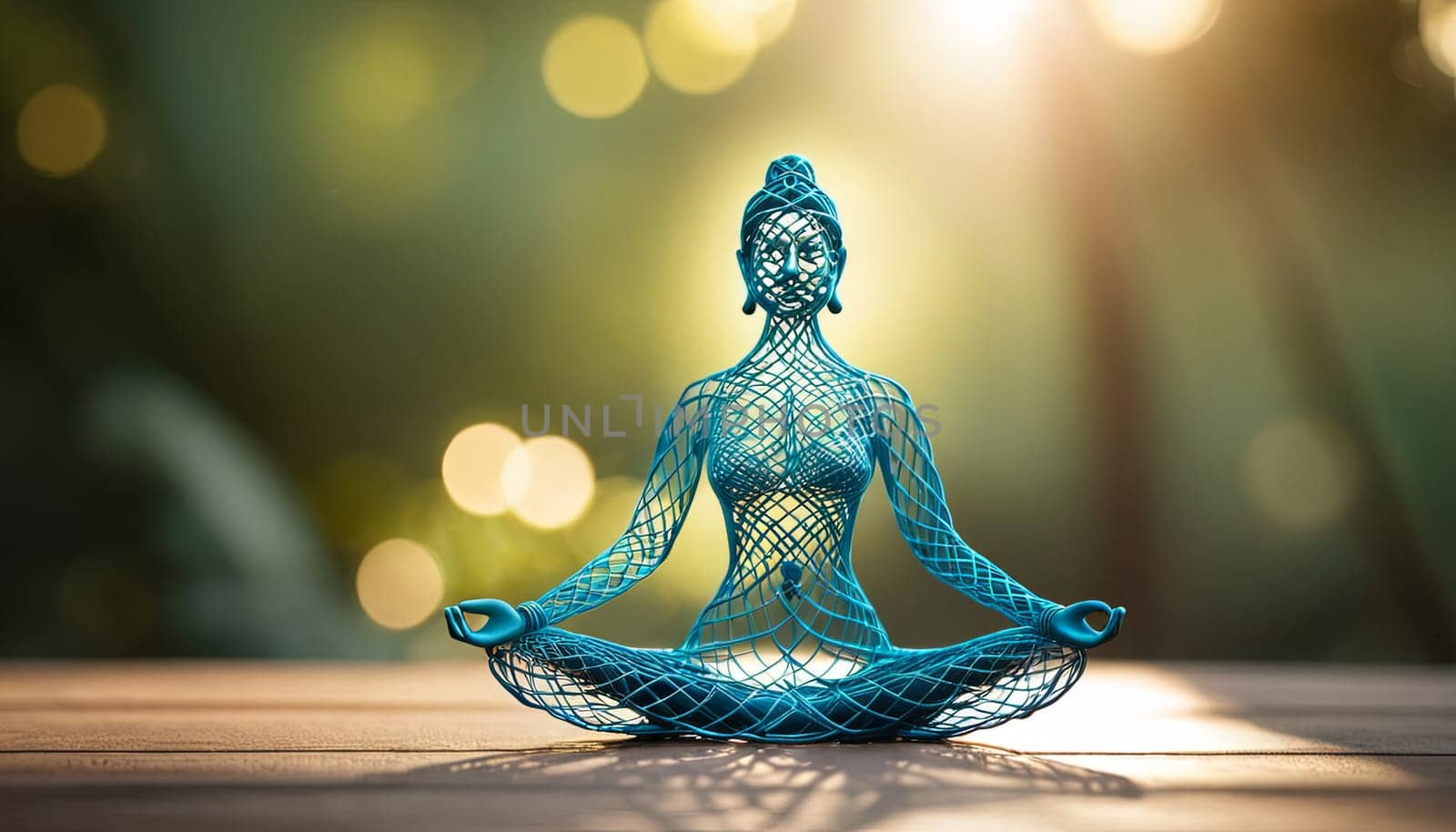 Woman in yoga pose, bent wire figure on nature backdrop, Creative figures symbol of yoga and harmony, art and serenity intersection. Female fitness yoga routine concept. Healthy lifestyle. by panophotograph