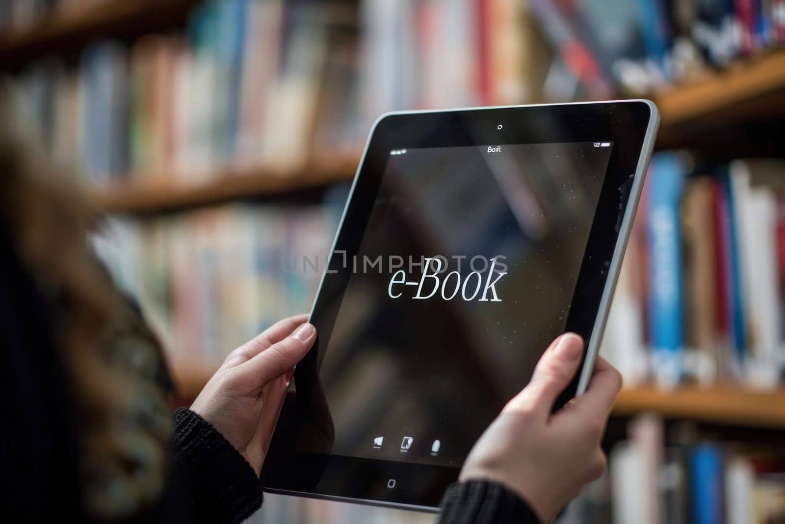 Media book library concept in tablet. Generative AI.