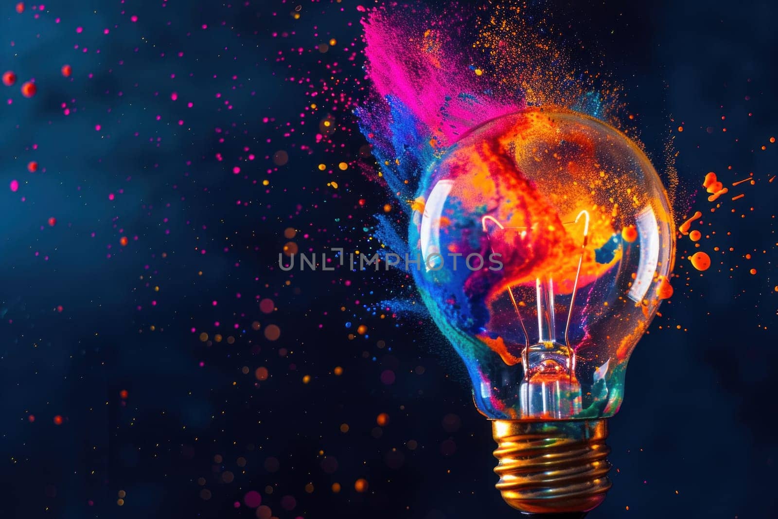 Creative light bulb explodes with colorful paint and colors new idea concept. Generative AI by golfmerrymaker