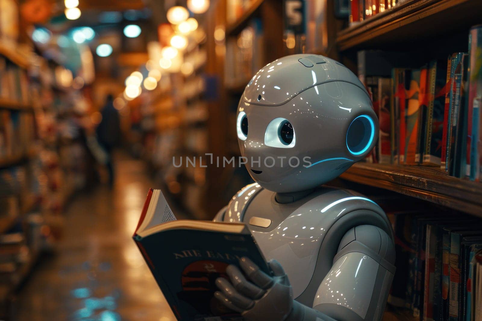AI learning concept, robot reading book in library background. Generative AI by golfmerrymaker