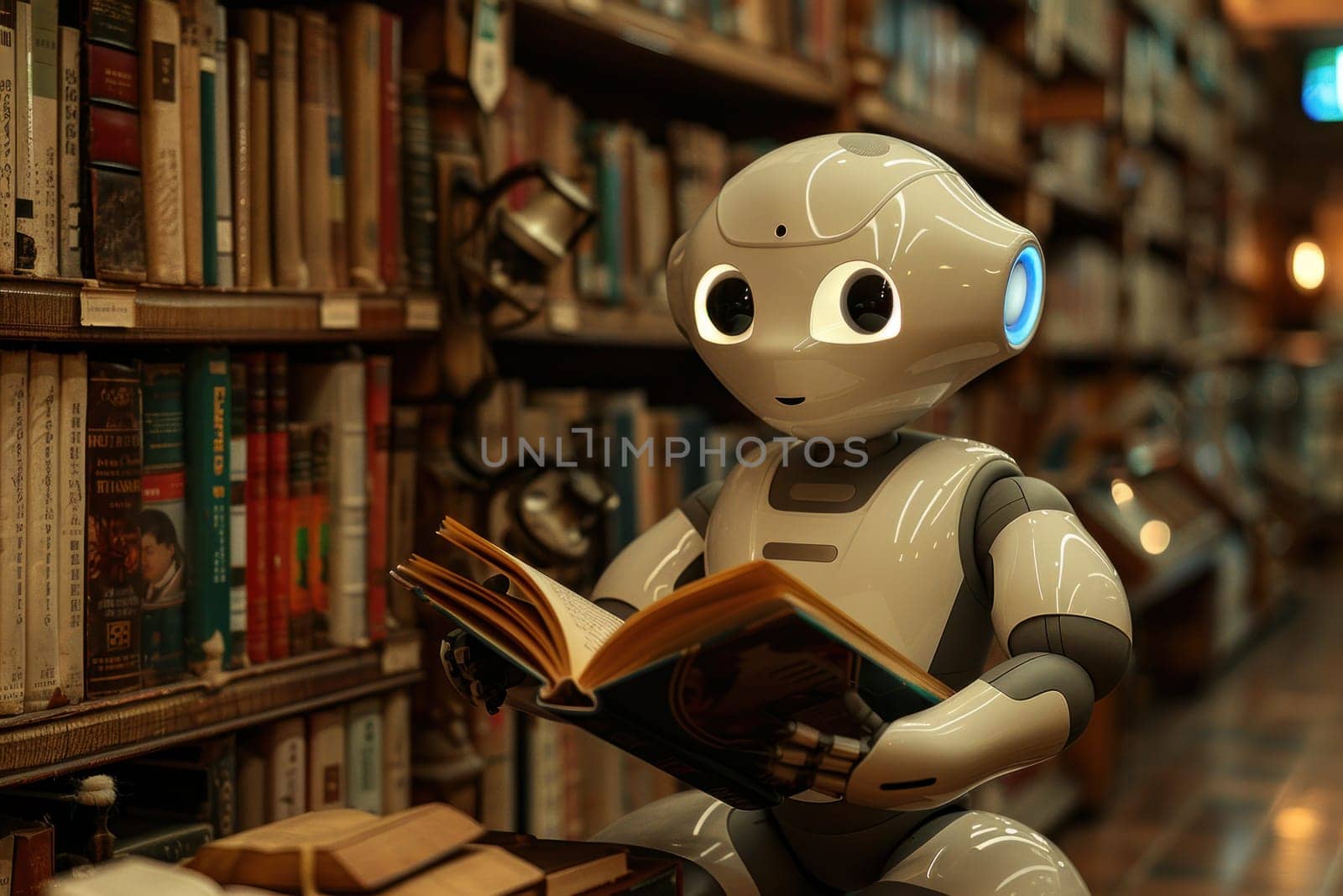 AI learning concept, robot reading book in library background. Generative AI by golfmerrymaker