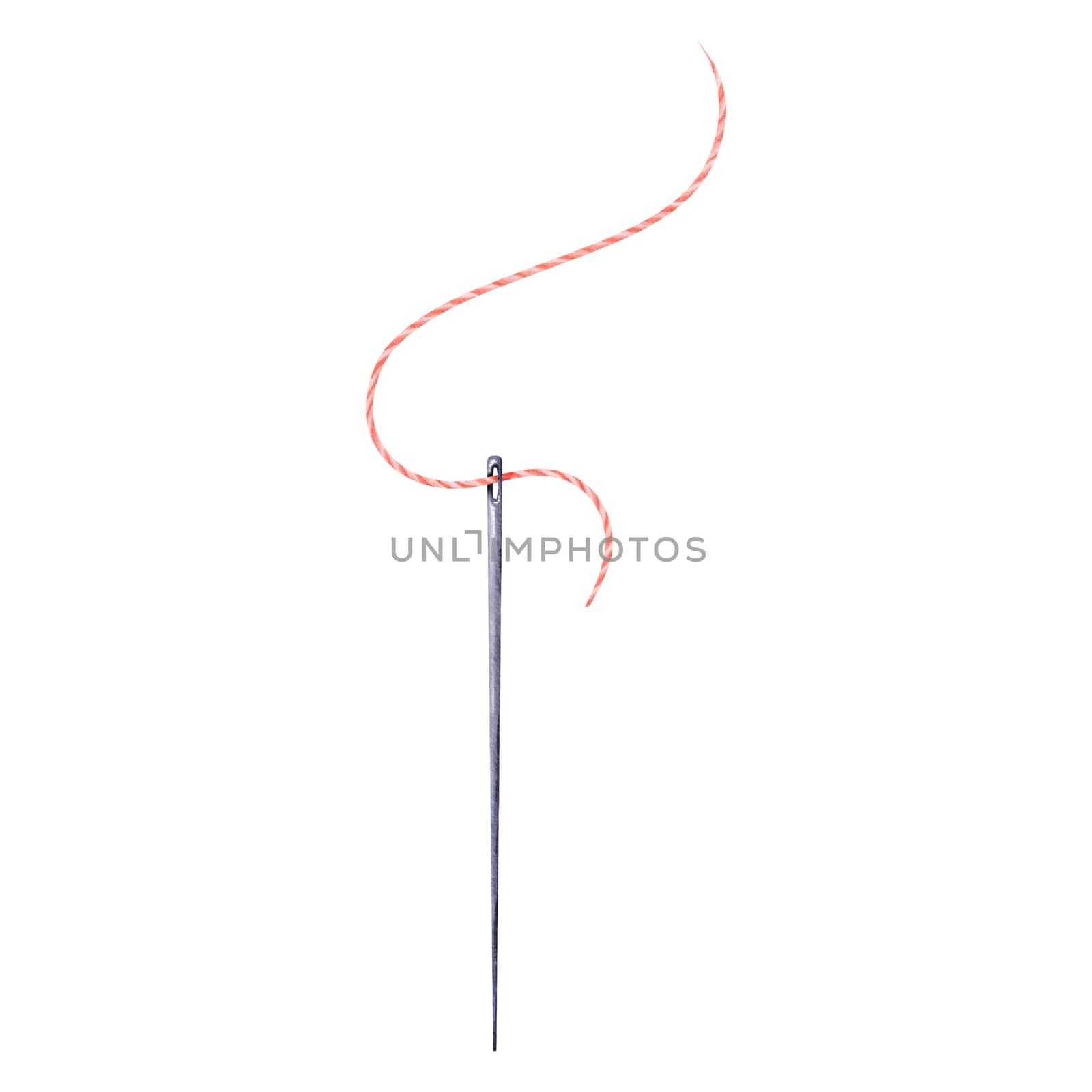 A steel needle with a pink thread. Isolated object. Watercolor illustration. Ideal for sewing-related logos, crafting enthusiasts, needlework businesses, and DIY-themed designs.