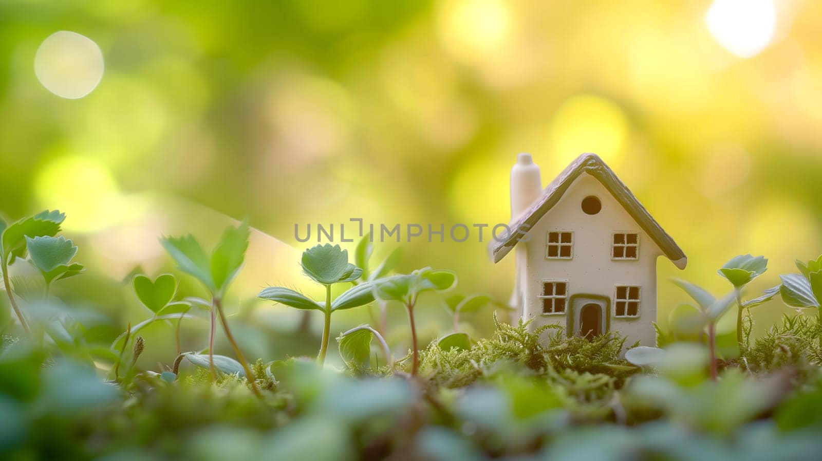 Spring background with a tiny toy house symbolizing family mortgage construction rental and property concepts. Neural network generated image. Not based on any actual person or scene.