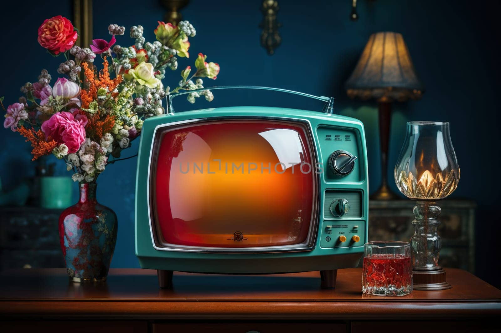 A vintage TV sits on the table next to a bouquet of flowers in a vase.
