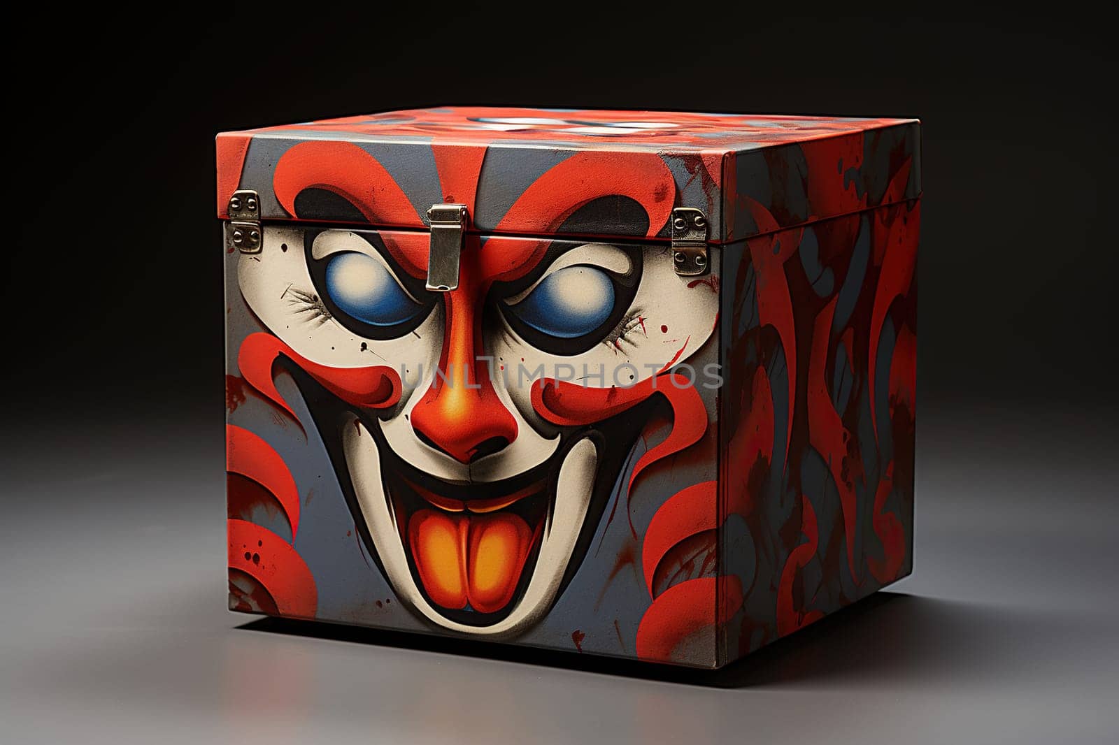 Box of fear. A scary clown face is painted on the box. Generated by artificial intelligence by Vovmar