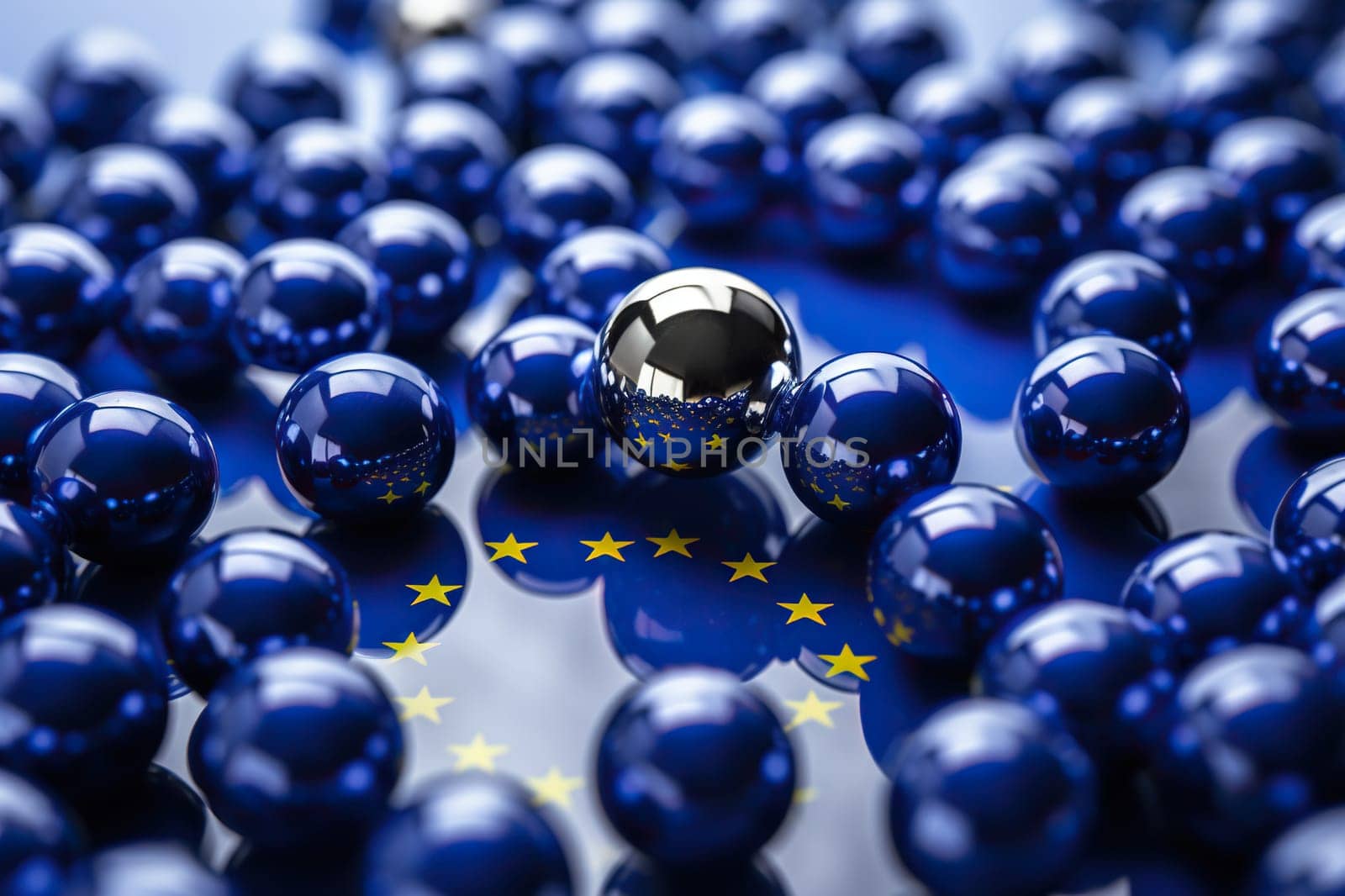 Blue glass balls with yellow stars. Symbol of the European Union. Generated by artificial intelligence by Vovmar