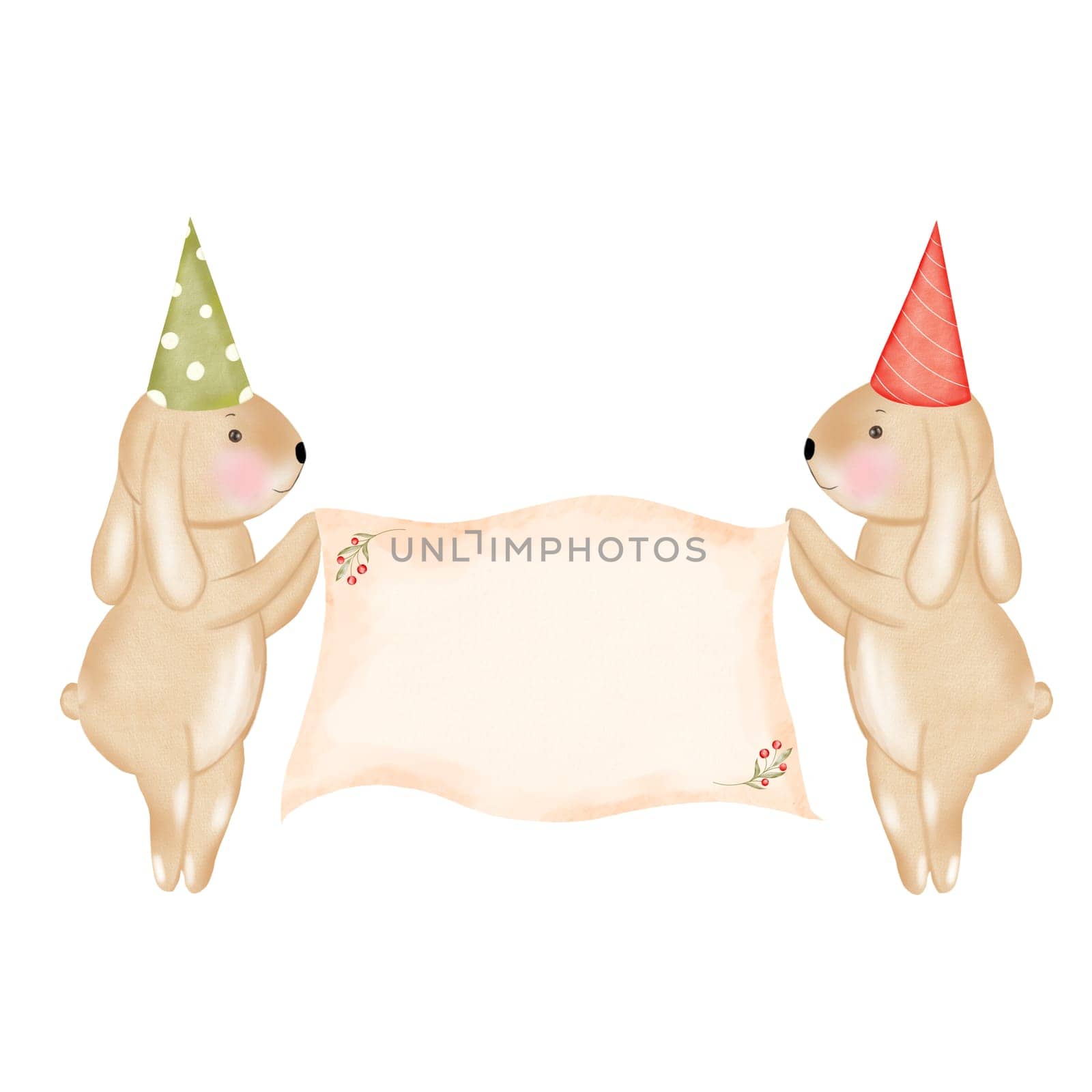 Cute bunnies with a poster for congratulations. Watercolor hand drawing of cartoon bunnies in birthday caps holding a poster for an inscription. Clip art of forest animals on isolated white background. For design of cards and banners for baby shower and birth. by TatyanaTrushcheleva