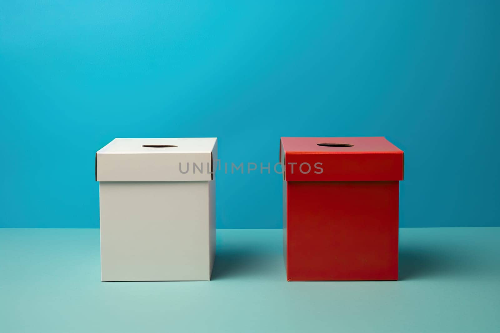 White and red voting boxes stand on a blue background. The concept of secrecy and integrity of elections. Generative AI by Vovmar