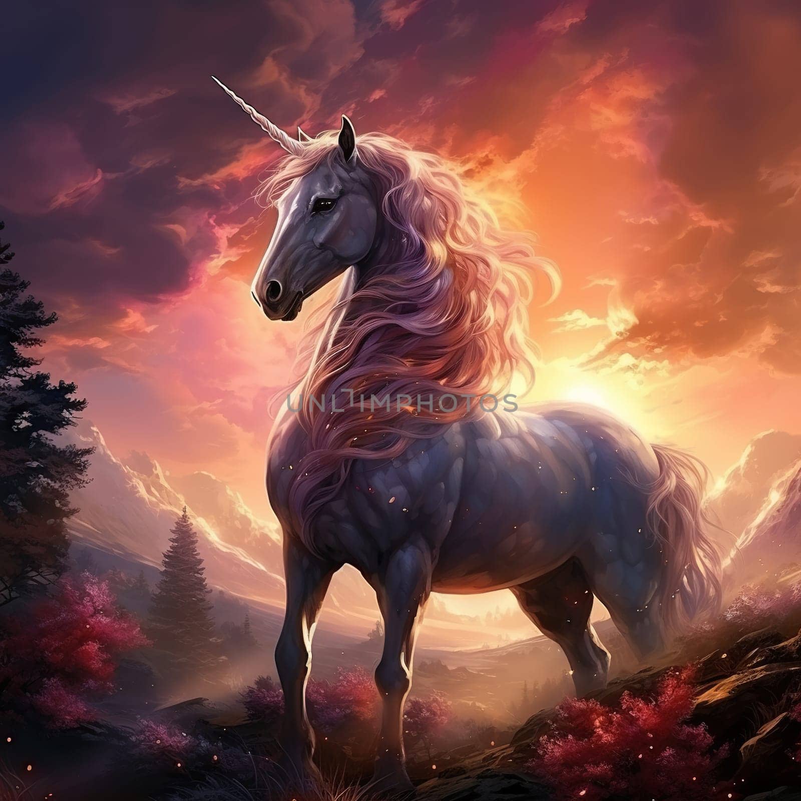 Magical unicorn on top of the mountains in the warm light of the sun. Generated by artificial intelligence by Vovmar