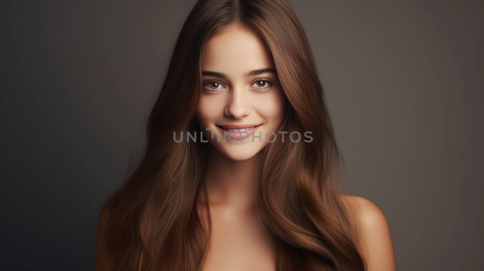 Portrait of a beautiful, sexy happy smiling woman with perfect skin and long hair, on a gray background, banner. by Alla_Yurtayeva