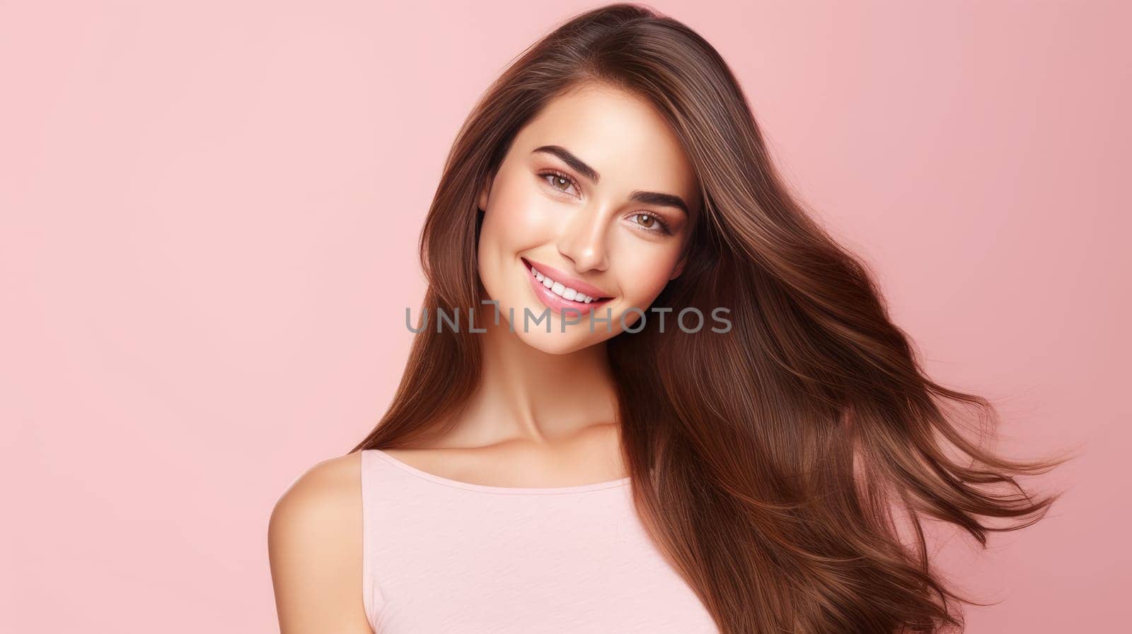 Portrait of a beautiful, sexy happy smiling woman with perfect skin and long hair, on a pink background, banner. Advertising of cosmetic products, spa treatments, shampoos and hair care, dentistry and medicine, perfumes and cosmetology for women.