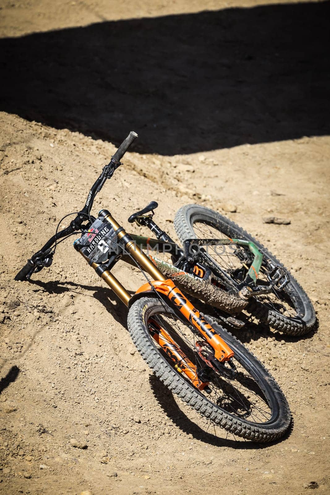 MAYDENA, AUSTRALIA - FEBRUARY 24: Ronan Dunne's Mondraker bike after winning Red Bull Hardline Tasmania on February 24, 2024 in Maydena, Australia.