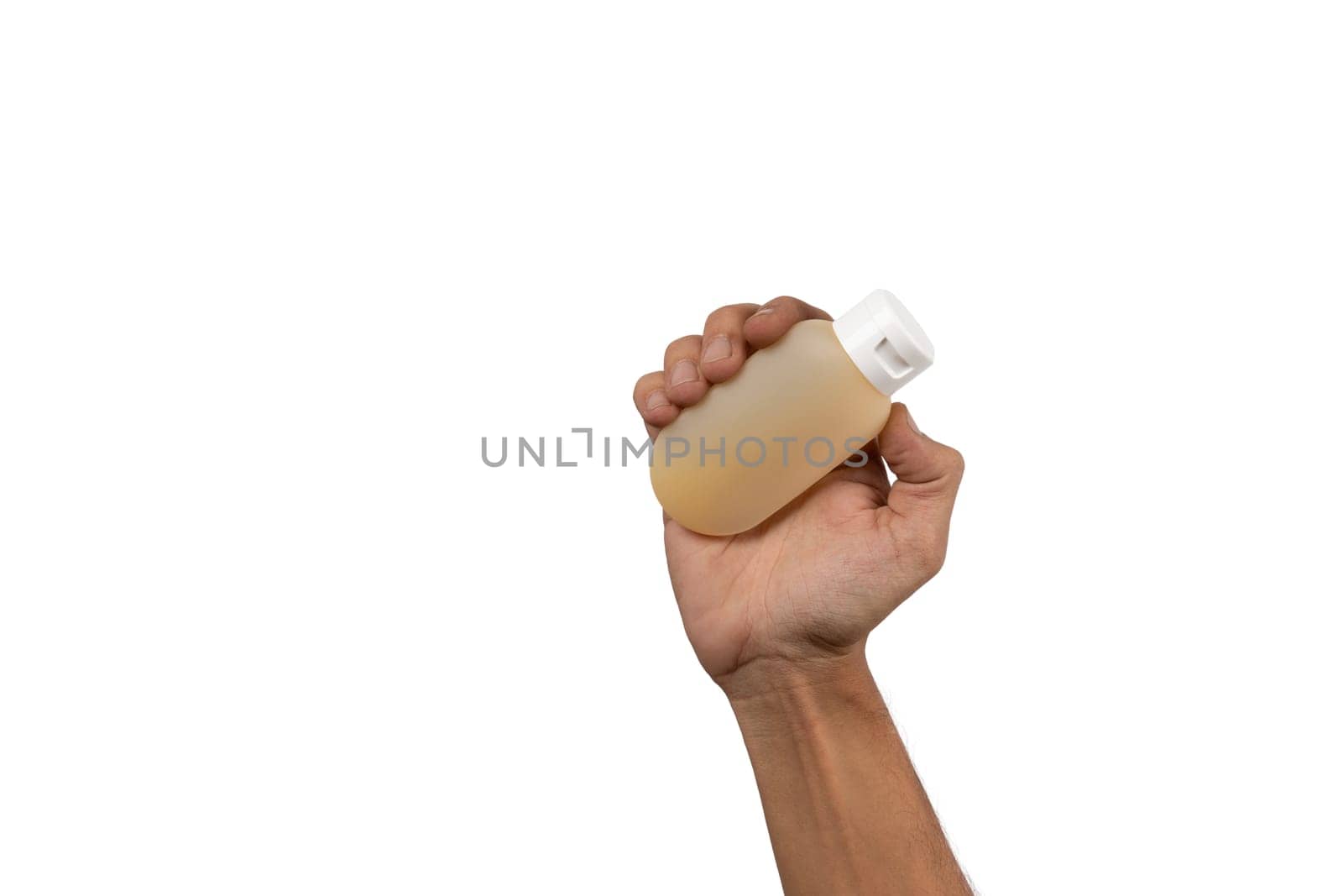 Black male hand holding shaampoo or gel container mockup on white background. by TropicalNinjaStudio