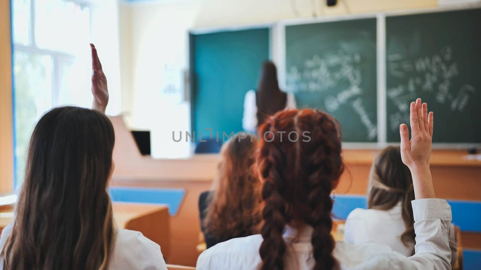 Girl students raise their hands in math class. by DovidPro