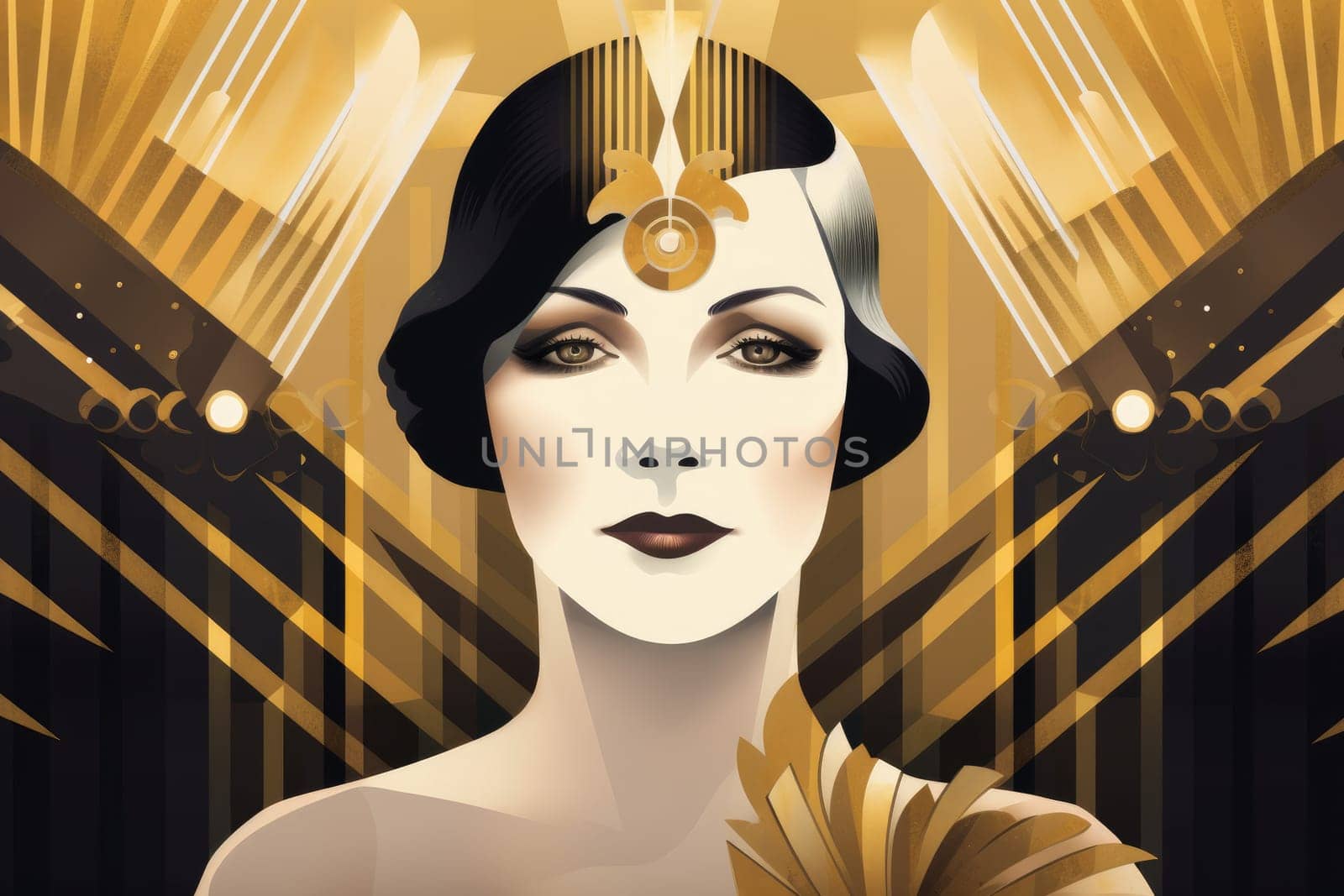 Artdeco woman portrait beauty. Lady style female. Fictional person. Generate Ai