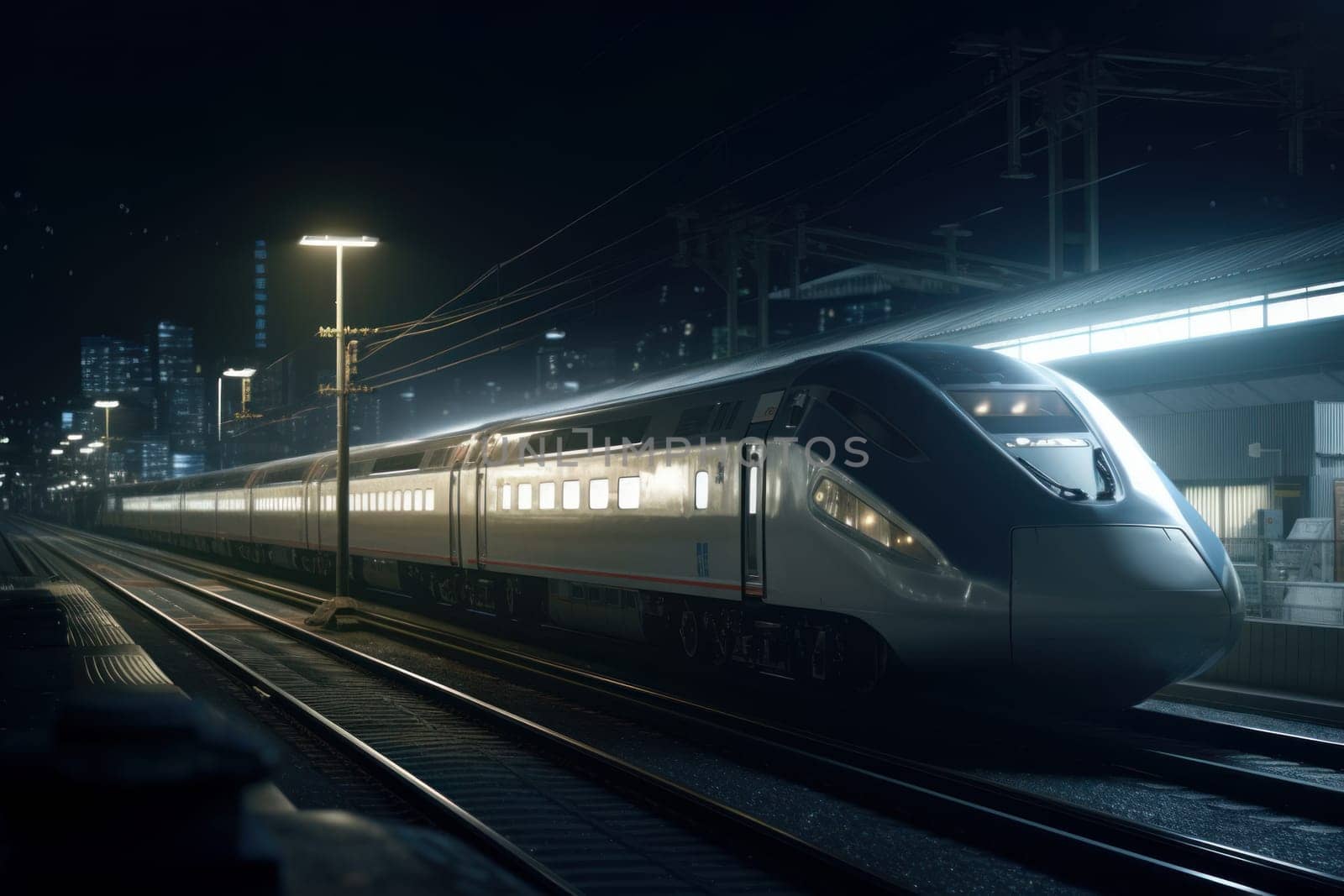 Bullet train come. Fast motion station. Generate Ai