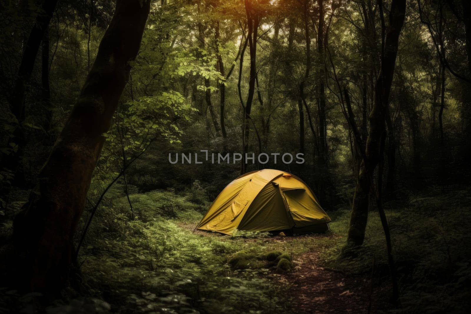 Camping forest day. Summer hiking. Generate Ai