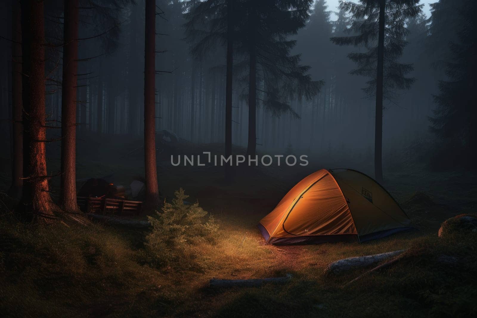 Tent in forest in summer night. Summer outdoor place. Generate Ai