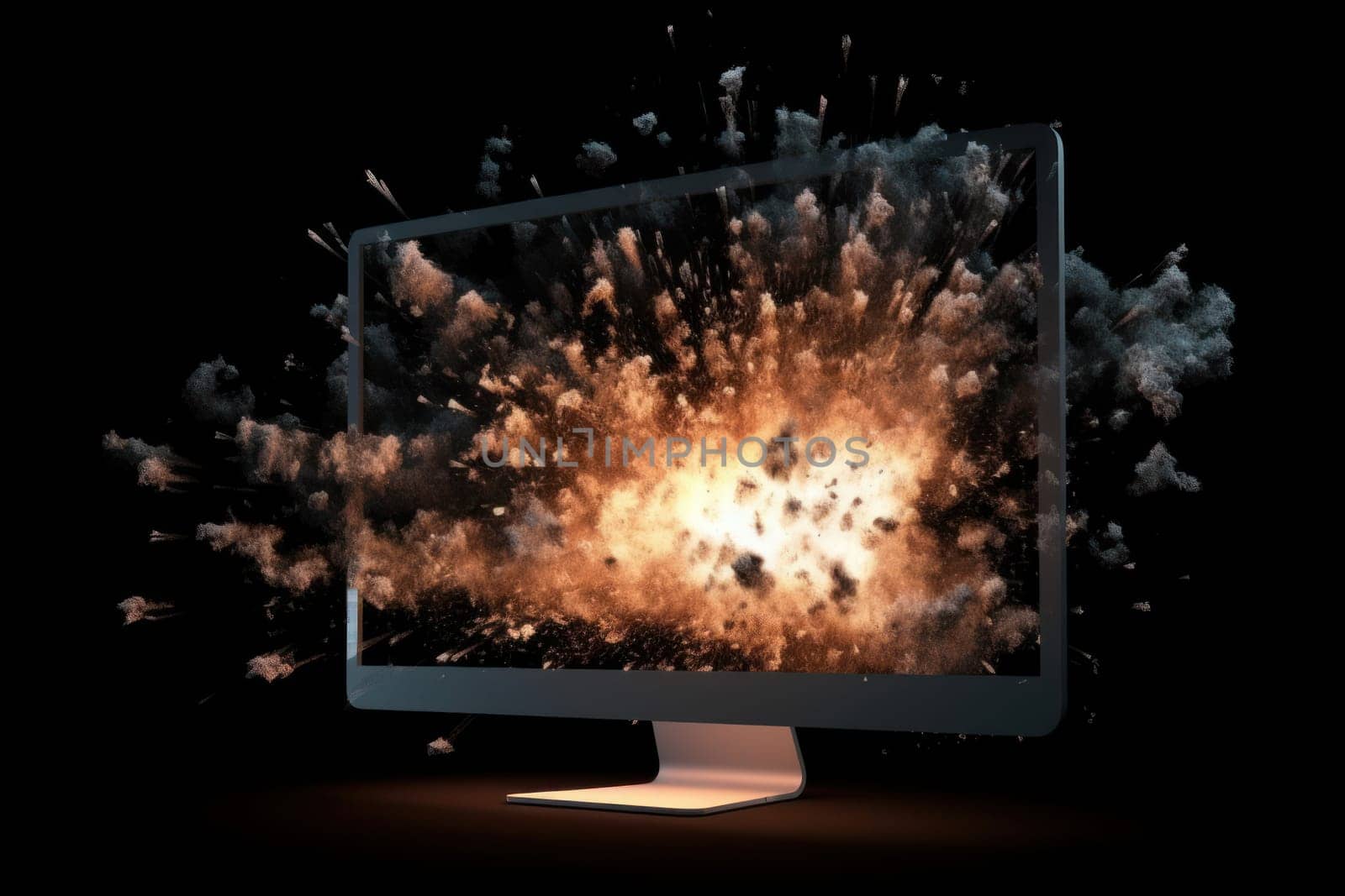 Computer desktop exploding. Home accident. Generate Ai