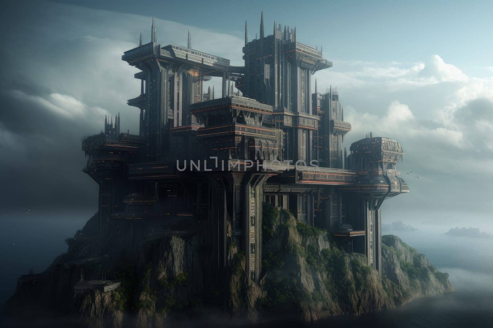 Futuristic cyberpank castle. Future architecture. Generate Ai
