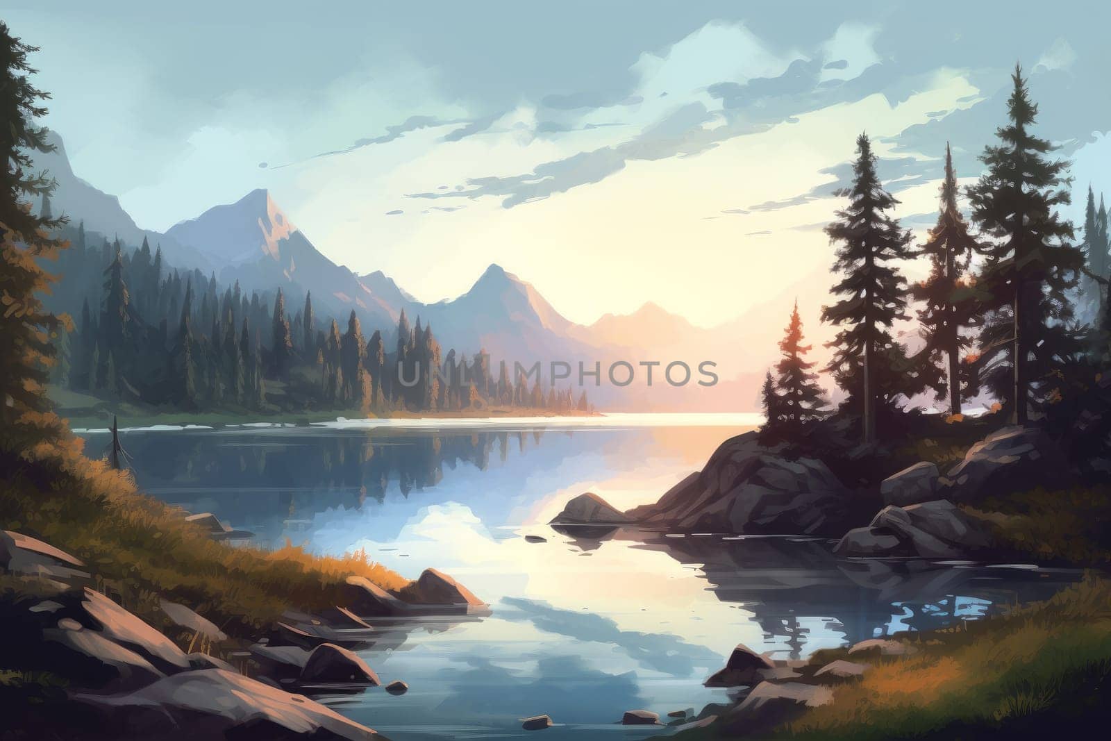 Lake forest sunset landscape. Generate Ai by ylivdesign