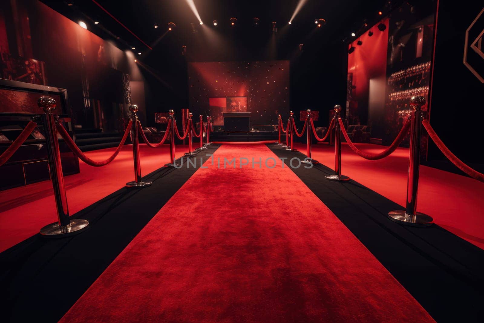 Interior red carpet stage. Luxury film. Generate Ai